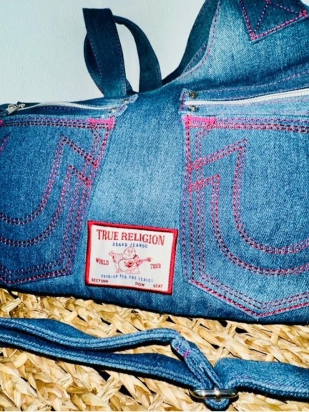 True Religion Denim Shoulder Bag with Pink Stitching - Picture 4 of 10